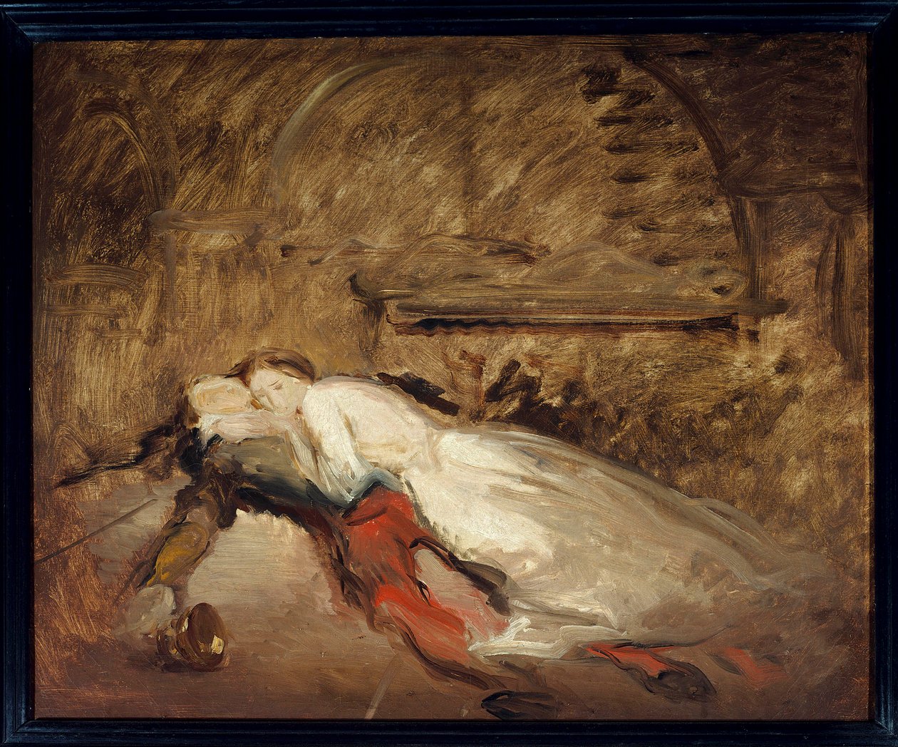 Les lovers Romeo et Juliet Kuvitus William Shakespearen (1564-1616) samannimisestä teoksesta, joka edustaa rakastavaisten kuolemaa V näytöksen 3. kohtauksessa. Esquisse de Theodore Chasseriau (1819-1856) Sun. 0,50 x 0,61 m Pariisi. Louvren taidemuseo tekijältä Théodore Chassériau