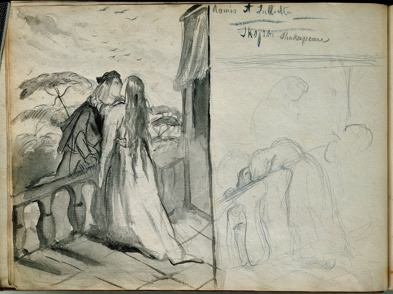 Les lovers Romeo et Juliet Kuva William Shakespearen (1564-1616) samannimisestä teoksesta, joka edustaa parvekkeella suutelevia rakastajia. Luonnos: Theodore Chasseriau (1819-1856) Paris. Louvren taidemuseo tekijältä Théodore Chassériau