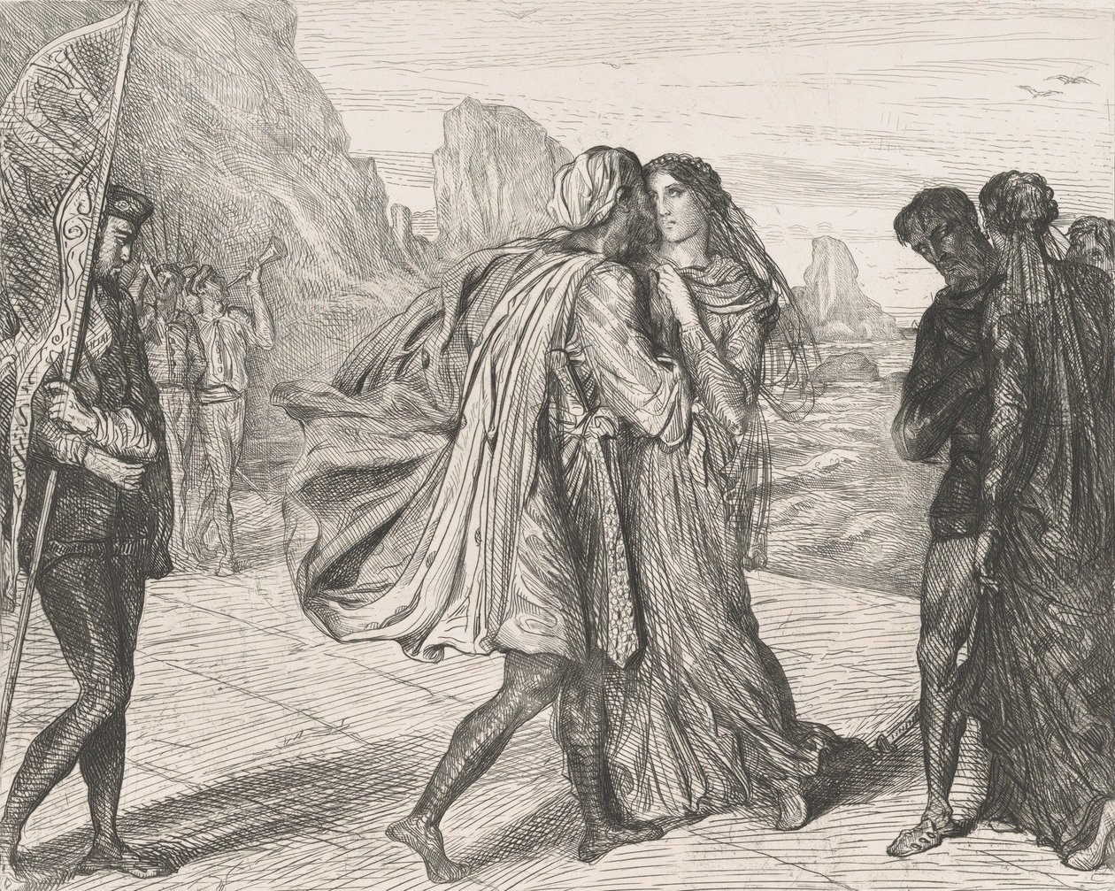 Oi reilu soturi!: levy 5 Othello Act 2:sta, kohtaus 1, kaiverrettu 1844, uusintapainos 1900. tekijältä Théodore Chassériau