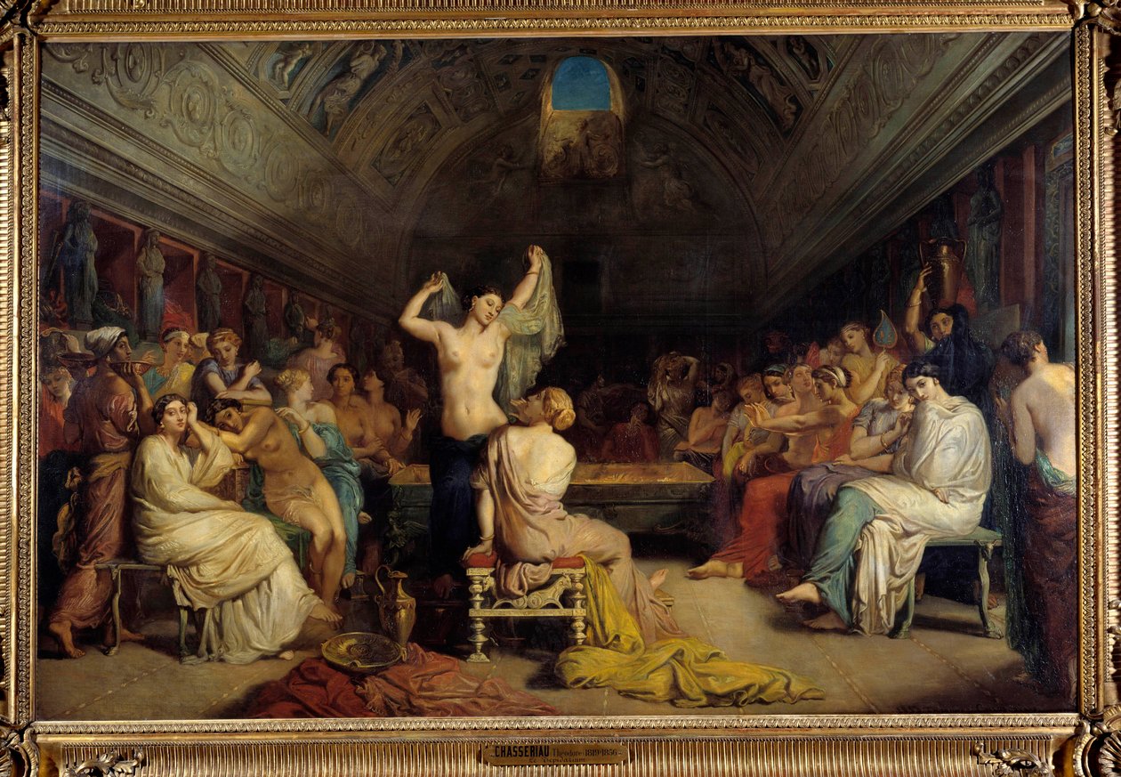 Tepidarium. Naiset tapasivat uudelleen osassa lämpimiä kylpyjä antiikin Rooman alla. Theodore Chasseriaun (1819-1856) maalaus. Öljy kankaalle tekijältä Théodore Chassériau