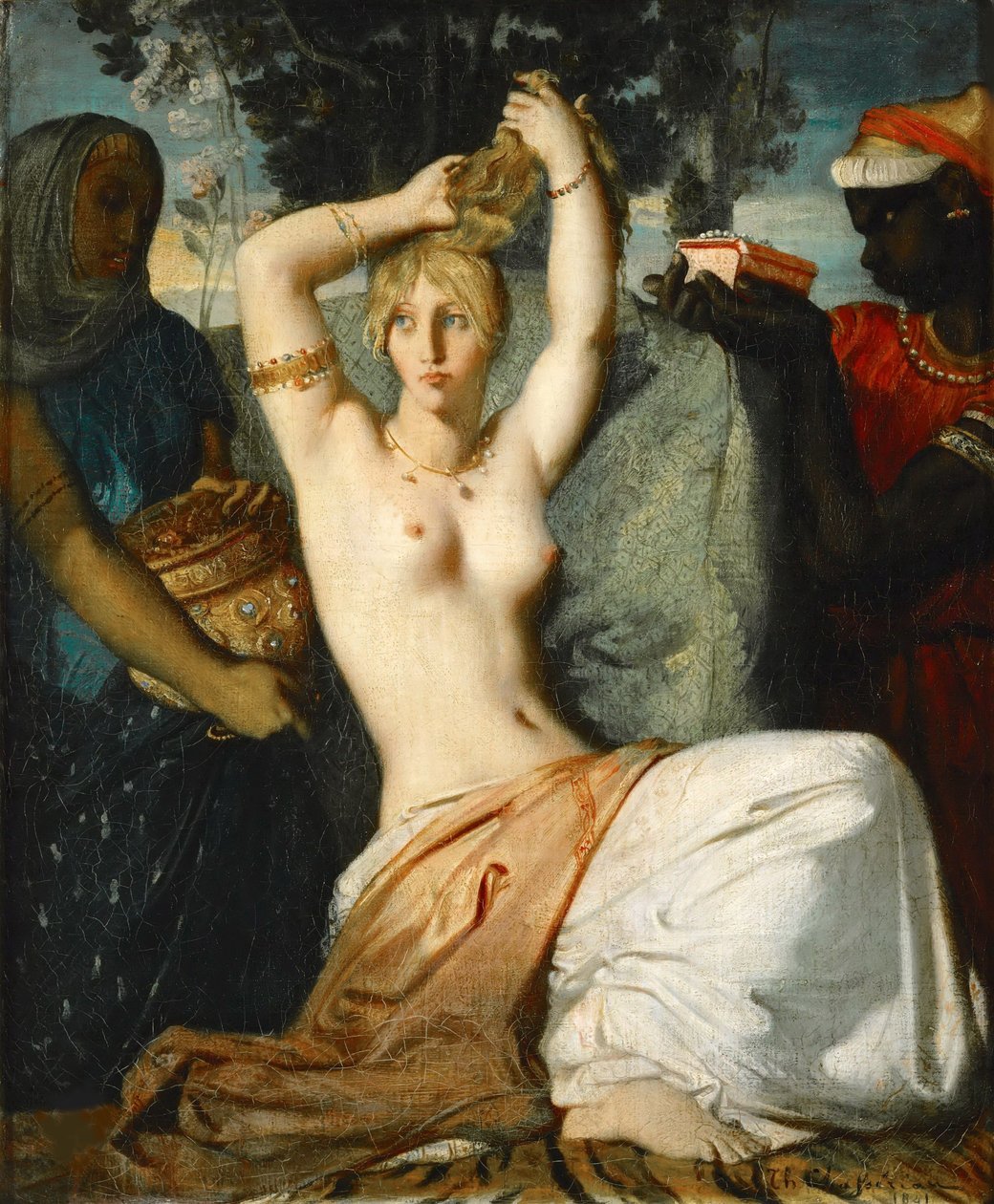 Esterin wc Esther valmistautuu esitettäväksi kuningas Ahasverukselle, 1841. tekijältä Théodore Chassériau