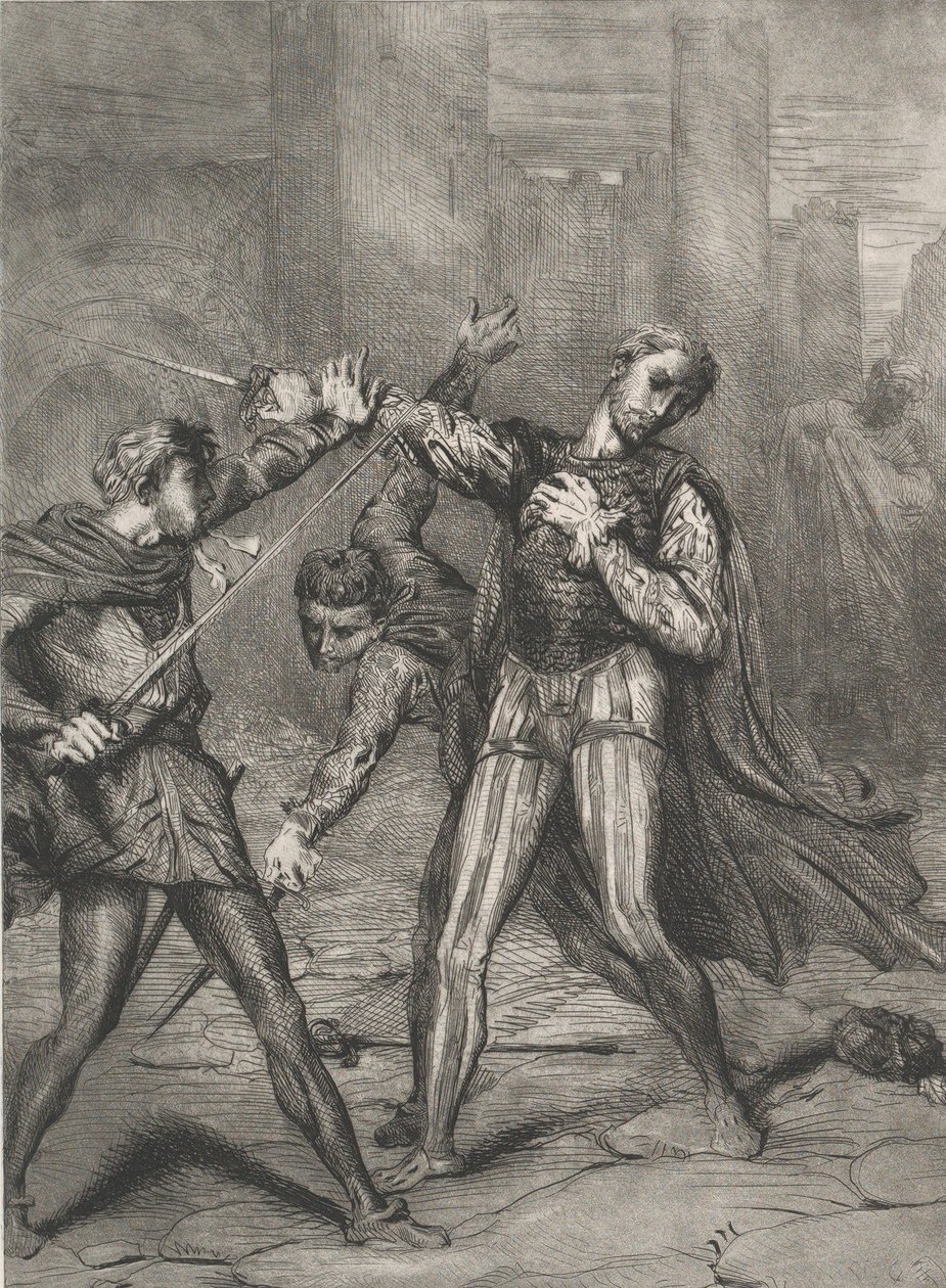 Pahis, sinä kuolet: Othello Act 5:n levy 10, kohtaus 1, kaiverrettu 1844, uusintapainos 1900. tekijältä Théodore Chassériau