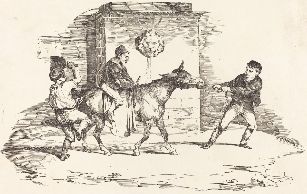 Kolme lasta leikkimässä aasin kanssa tekijältä Théodore Gericault and Nicolas Toussaint Charlet