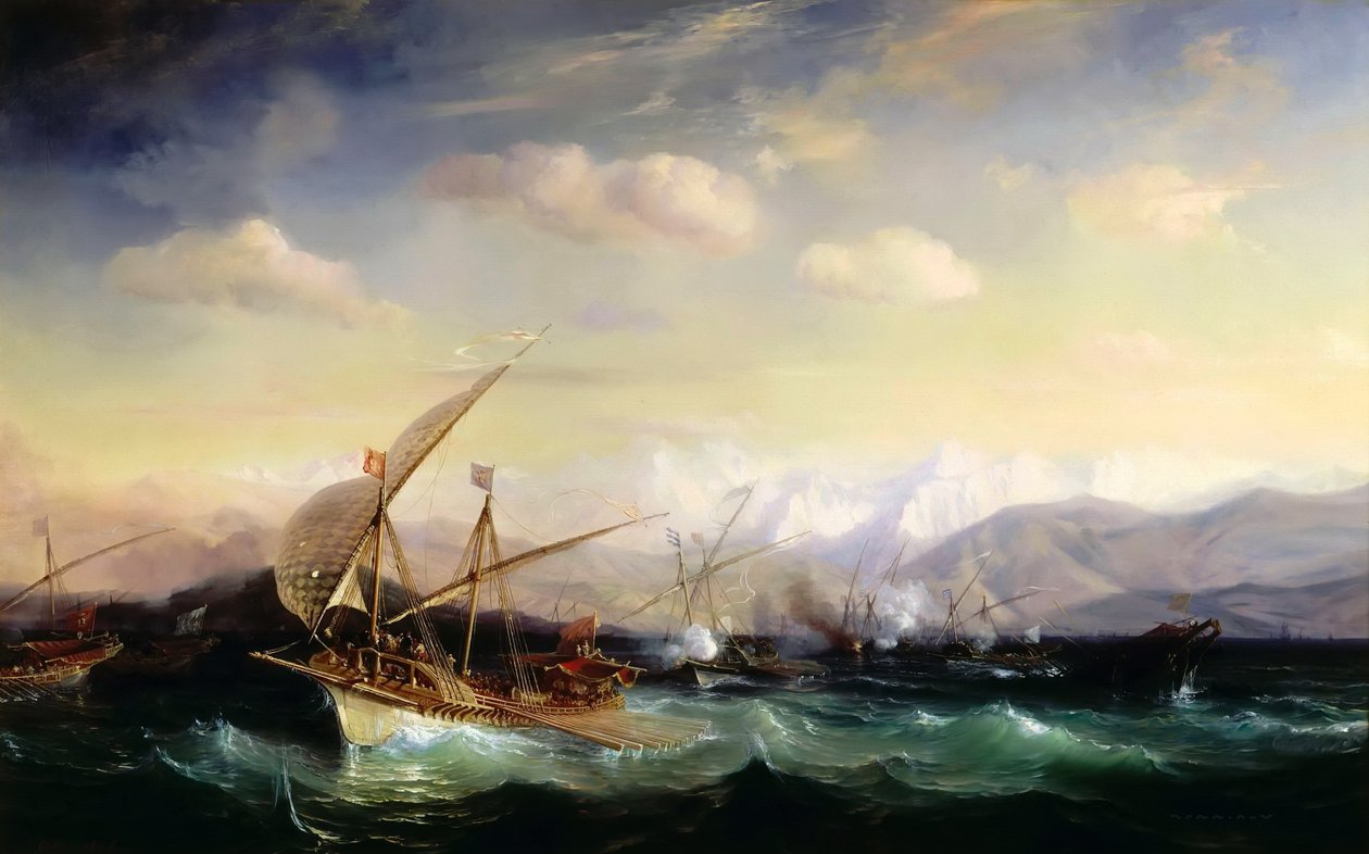 Andrea Doria hajottaa Espanjan laivaston Varin suulle vuonna 1524 tekijältä Jean Antoine Theodore Gudin