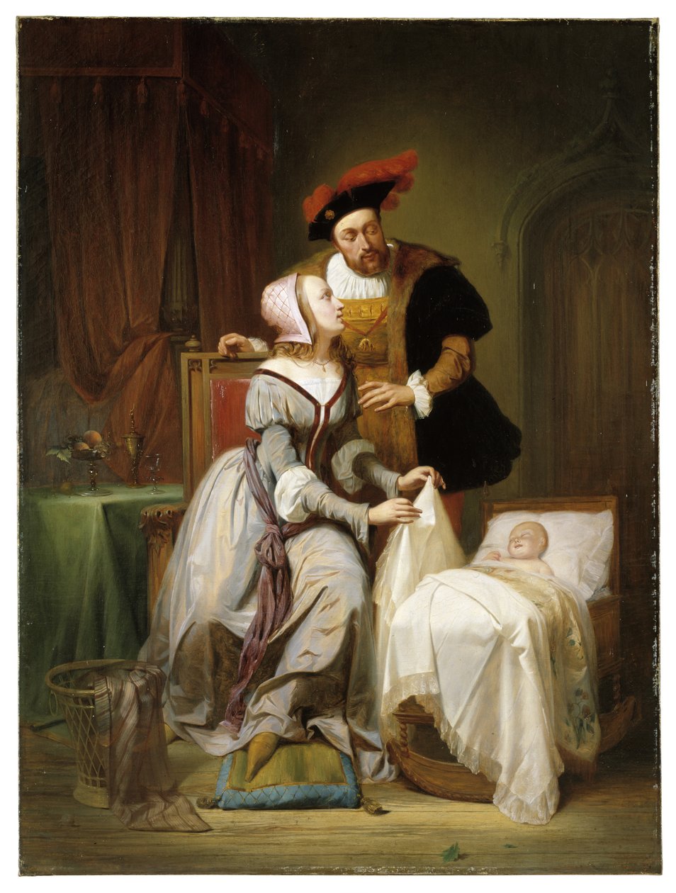 Keisari Kaarle ja hänen rakastajattarensa Johanna Van der Gheynst tyttärensä Margaretan kehdon äärellä tekijältä Theodore Joseph Canneel
