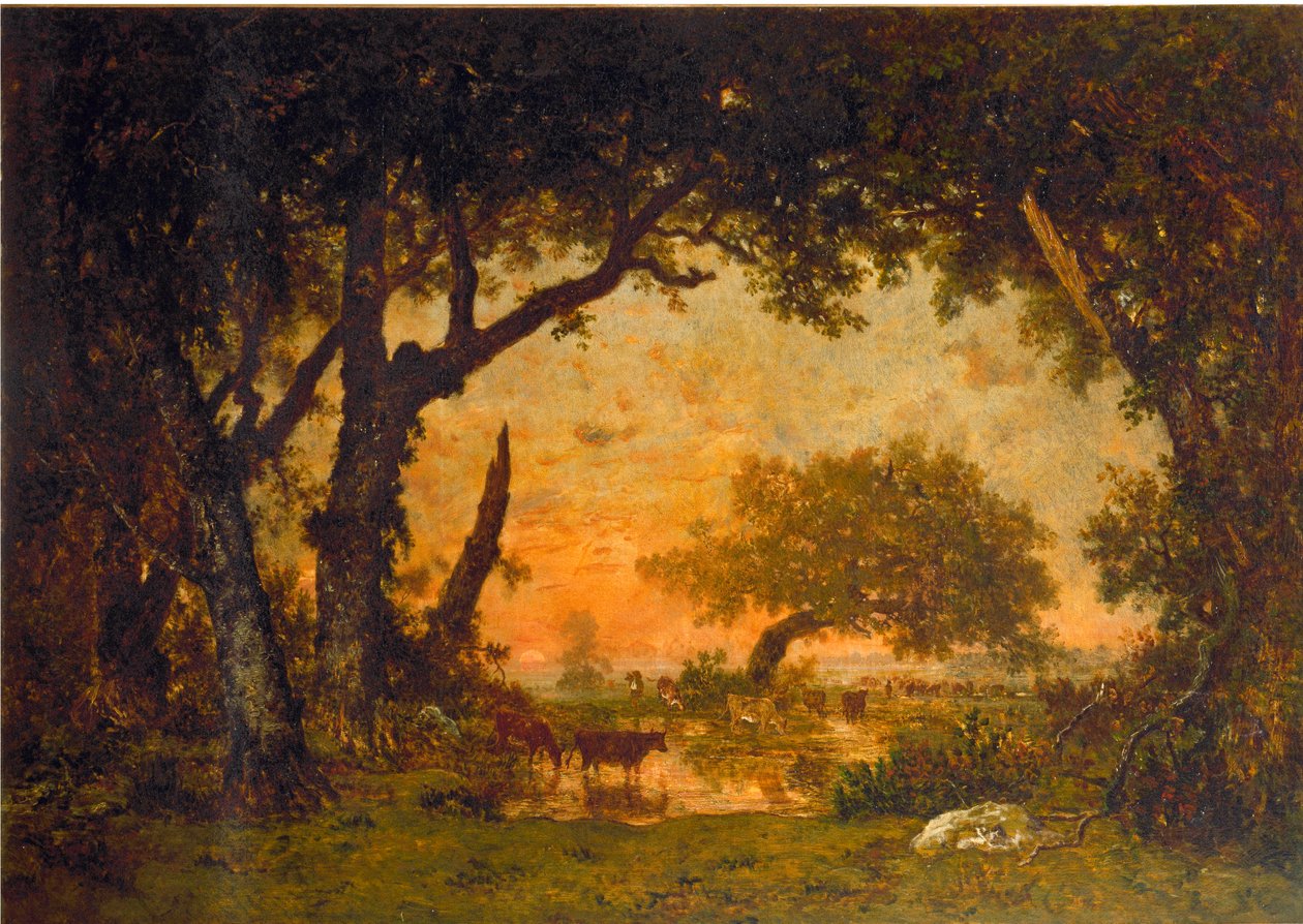 Fontainebleaun metsästä poistuminen, auringonlasku (öljy kankaalle tekijältä Pierre Etienne Theodore Rousseau