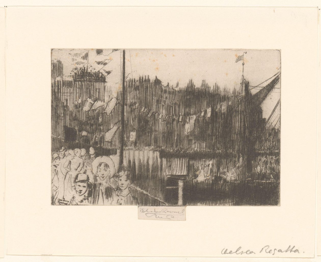 Paisatge urbà amb figures en un moll decorat amb banderes Final de la regata de Chelsea tekijältä Théodore Roussel (signed by artist)