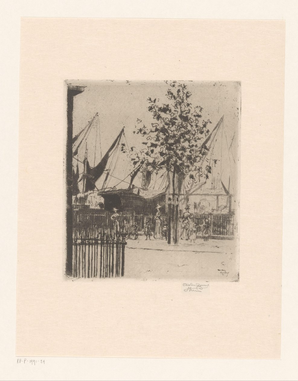 Katunäkymä hahmoilla satamassa Luna Streetin kulma, Chelsea Embankment tekijältä Théodore Roussel (signed by artist)