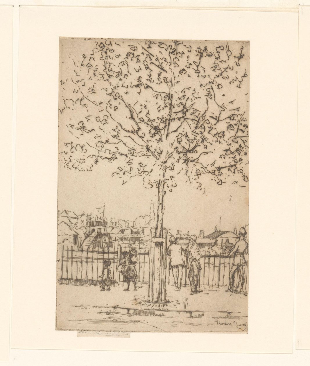 Kuusi hahmoa aidalla joen varrella, etualalla puu Chelsea Embankment, kesäkuu, 17.00, 1889 tekijältä Théodore Roussel (signed by artist)