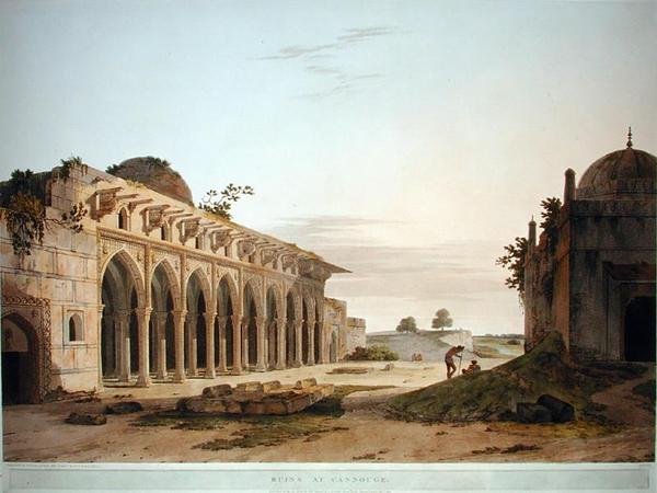 Ruins at Cannouge, julkaistu 1802 tekijältä Thomas und William Daniell