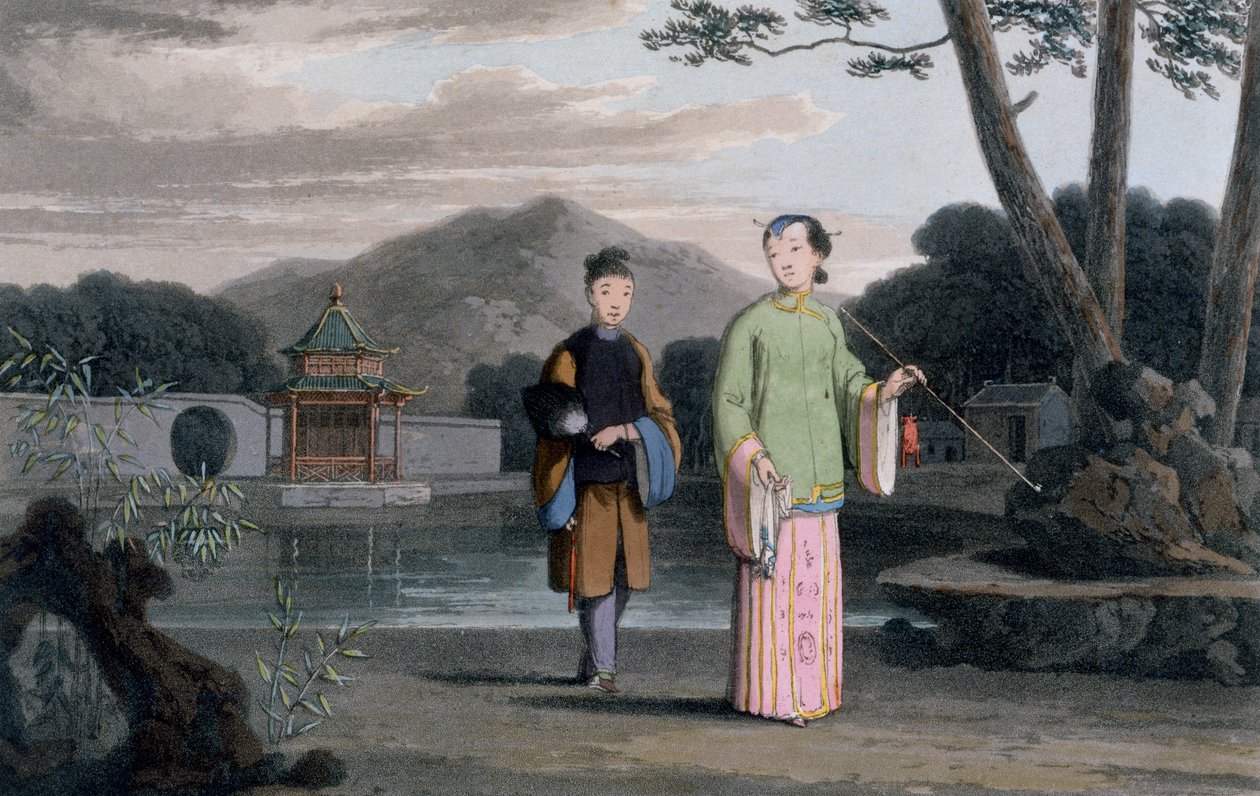 Kiinalainen nainen paviljongilla taustalla, elokuvasta "Maaluksellinen matka Intiaan, Kiinan tiellä", 1810 tekijältä Thomas und William Daniell