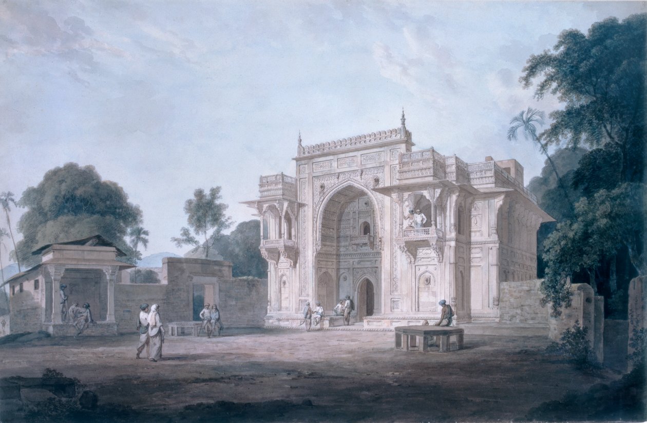 Moskeijaan johtava portti, Chunargarh, Uttar Pradesh (värillinen akvatinta) tekijältä Thomas und William Daniell