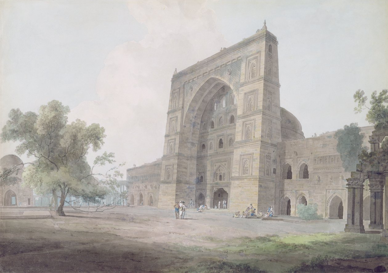Jamin moskeijan pääsisäänkäynti, Jaunpur, 1789 (wc grafiitin päällä kudottupaperilla) tekijältä Thomas und William Daniell