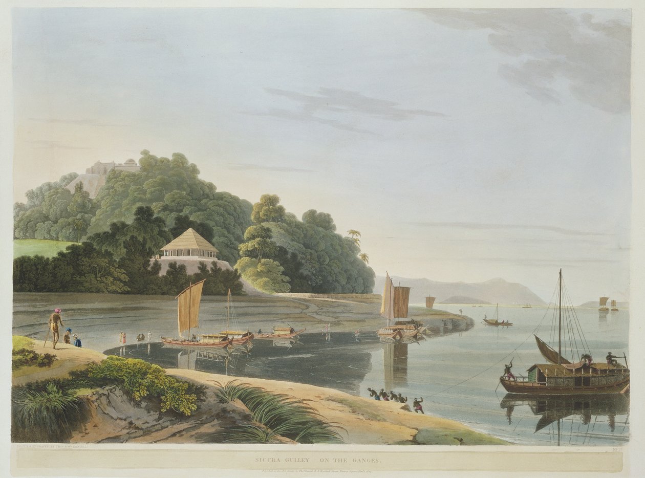 Siccra Gully on the Ganges, levy IX osasta 6 "Oriental Scenery", pub. 1804 (akvatinta) tekijältä Thomas und William Daniell