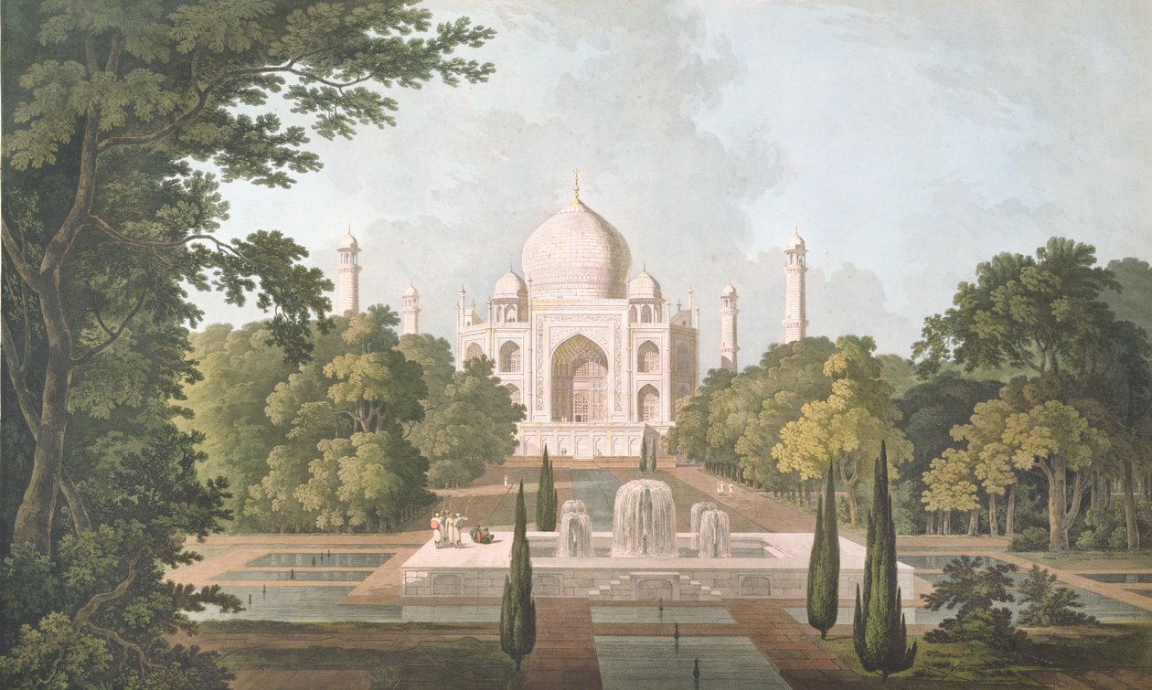 Taj Mahal, Agra, puutarhasta, julkaistu 1801 tekijältä Thomas und William Daniell