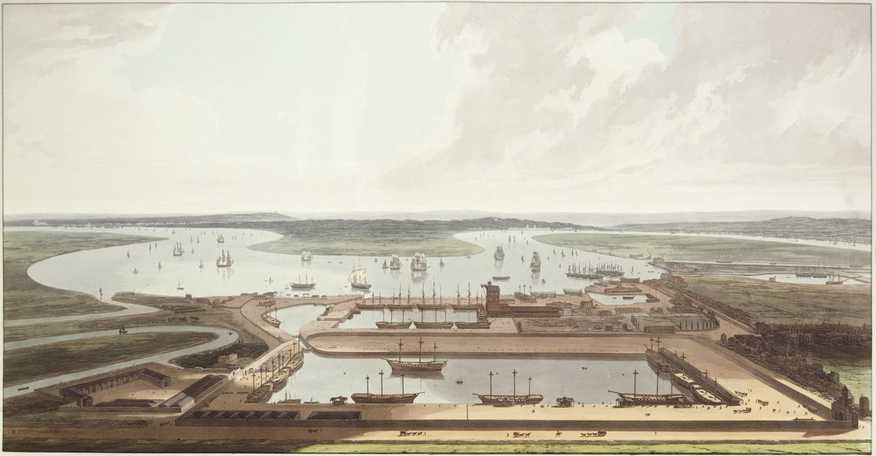Näkymä Itä-Intian telakoille, 1803 (akvatinta) tekijältä Thomas und William Daniell