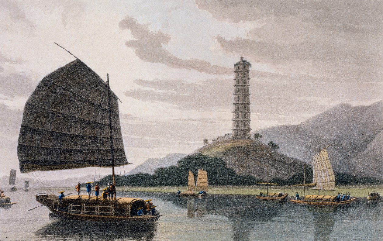 Wham Poa Pagoda, jossa veneet purjehtivat edessä, maalauksellisesta matkasta Intiaan, Kiinan tiellä, 1810 tekijältä Thomas und William Daniell