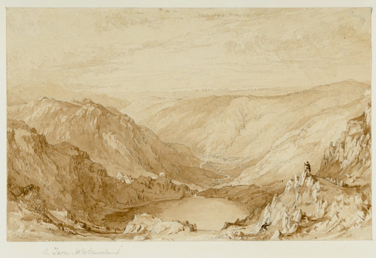 A Tarn, Westmorland (Small Water Tarn from Nanbield, Looking into Mardale) (kynä ja akvarelli (seepia) paperilla) tekijältä Thomas Allom