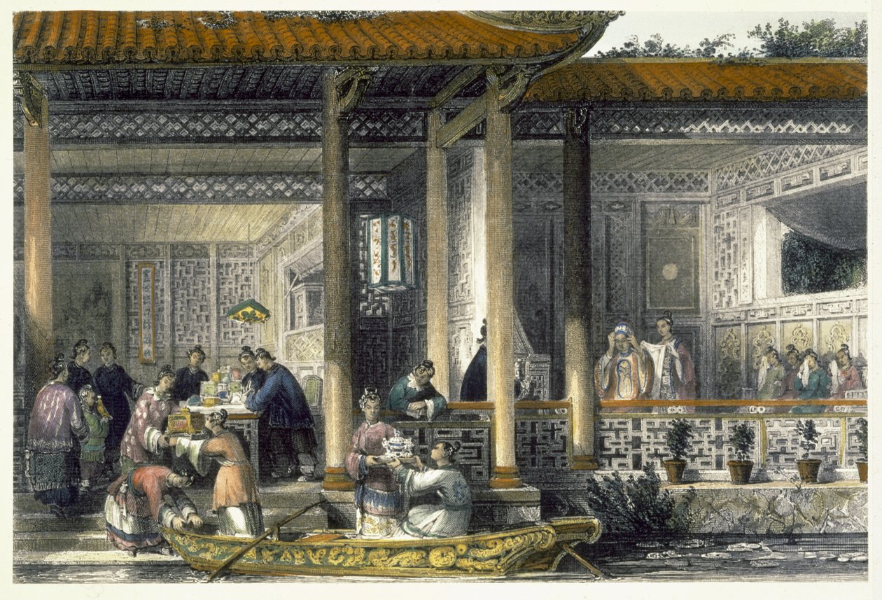 Avioliittolahjojen saapuminen morsiusasuntoihin George Newenham Wrightin (n. 1790-1877) teoksesta "China in a Series of Views" 1843 tekijältä Thomas Allom