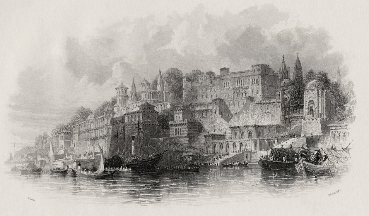 Benares, India, na inukit ni A. Willmore (1814-88) finn tekijältä Thomas Allom