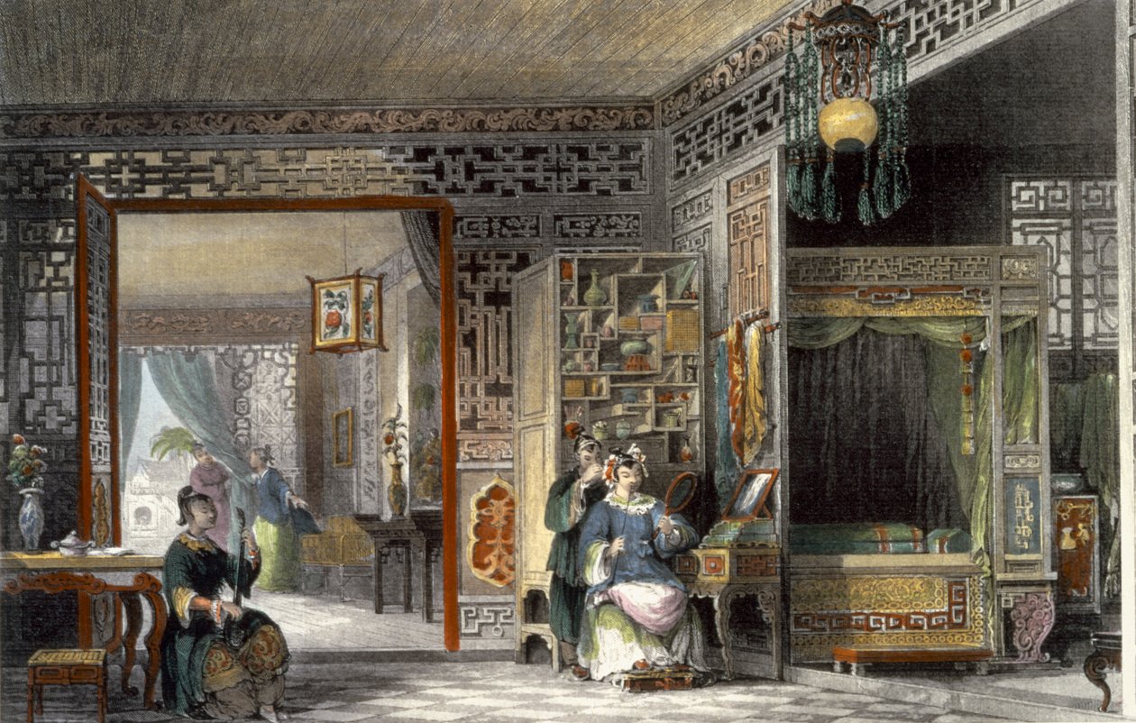 Boudoir ja Bed-Chamber of a Lady of Rank, George Newenham Wrightin (n. 1790-1877) teoksesta China in a Series of Views, 1843 tekijältä Thomas Allom