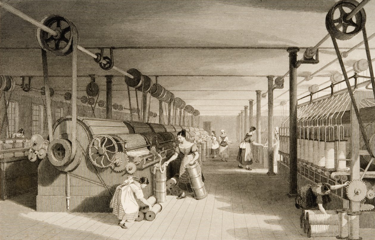 Karstaus, piirtäminen ja roving, puuvillatehdaslattia, kaiverrus James Tingle (fl.1830-60) n.1830 tekijältä Thomas Allom