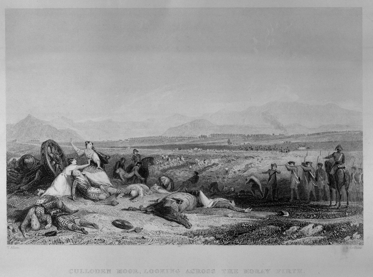 Culloden Moor, katselee Moray Firthin yli, 1746, kaiverrus H. Griffiths, n. 1830 tekijältä Thomas Allom