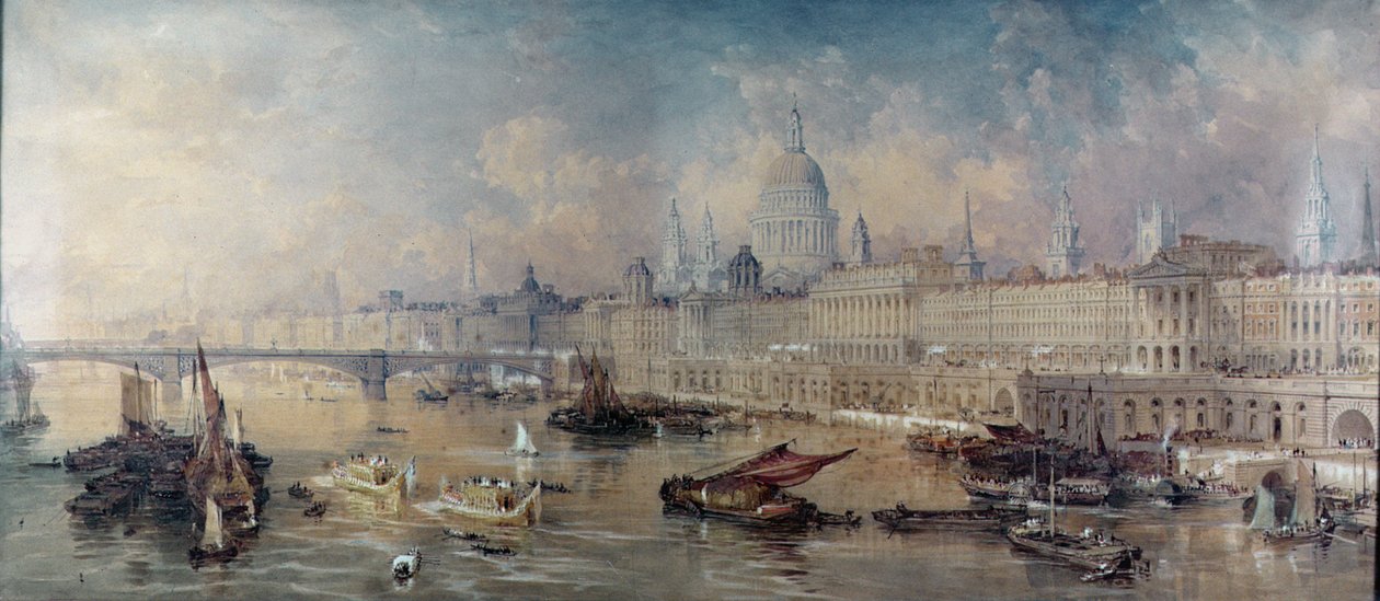 Suunnittelu Thames Embankmentille, näkymä ylävirtaan tekijältä Thomas Allom