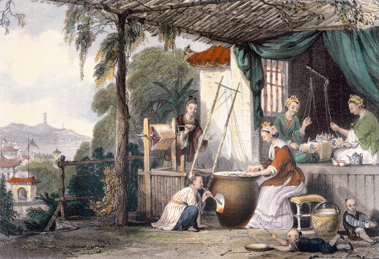 Chrysalids and Reeling the Cocoons, George Newenham Wrightin (n. 1790-1877) teoksesta "China in a Series of Views", kaiverrettu J. Davies, 1843 tekijältä Thomas Allom