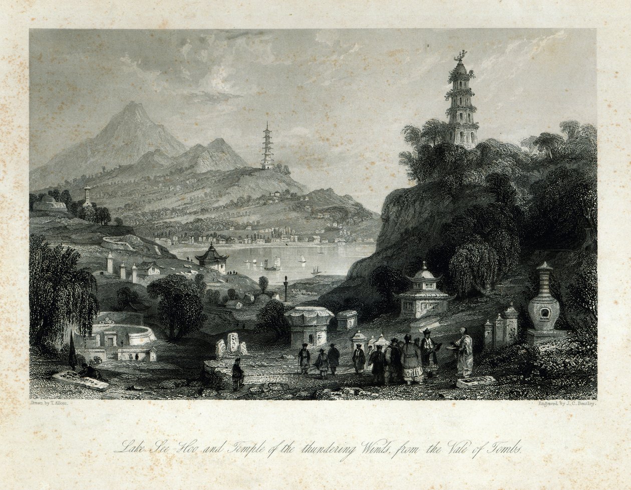 See-Hoo-järvi ja jylinäisten tuulien temppeli, Vale of Tombs, kaiverrus J.C. Bentley, 1843 (teräskaiverrus) tekijältä Thomas Allom