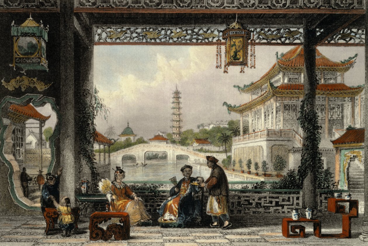 Mandariinin paviljonki ja puutarha Pekingin lähellä, George Newenham Wrightin (n. 1790-1877) teoksesta "China in a Series of Views" 1843. tekijältä Thomas Allom