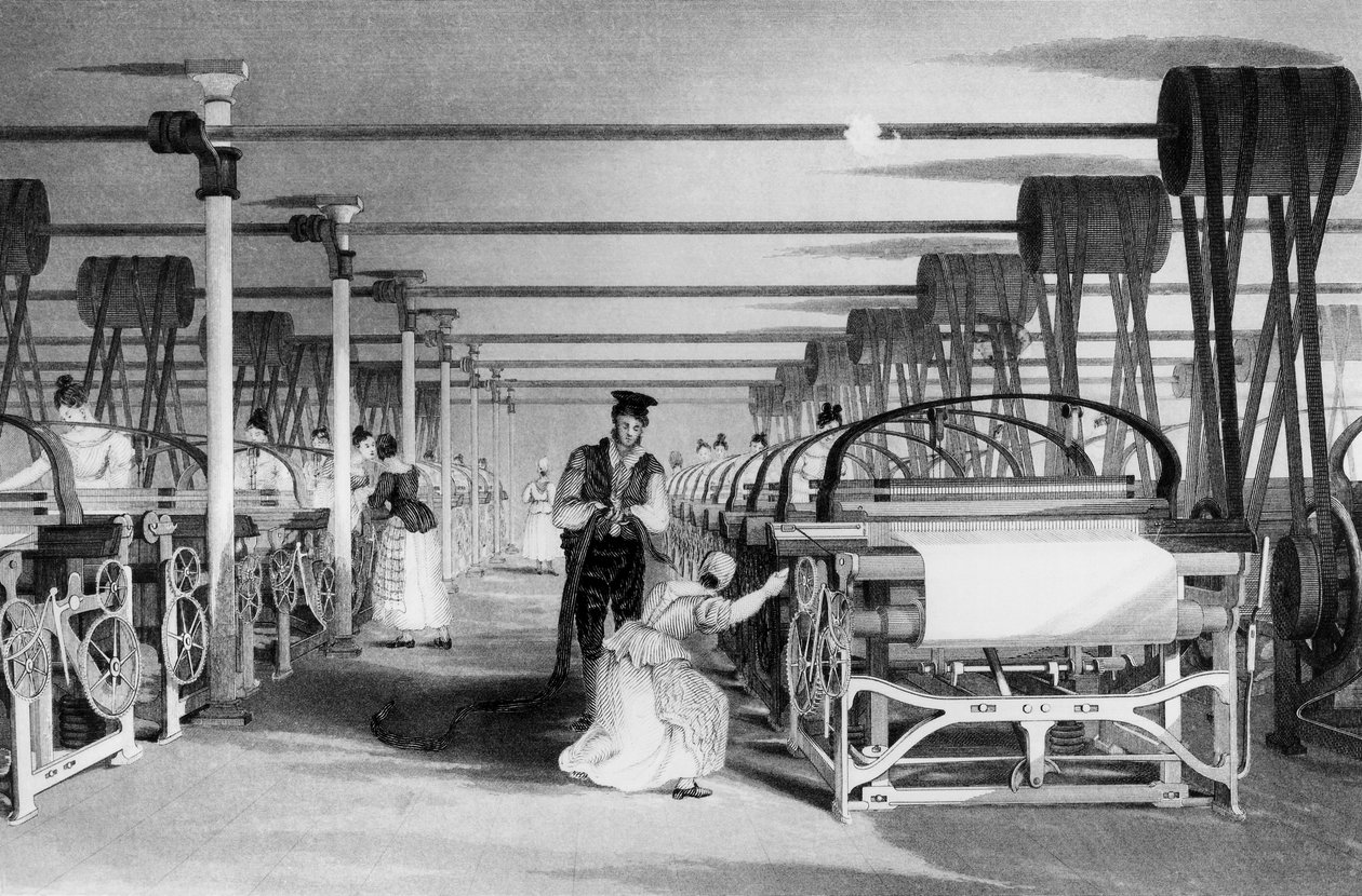Power Loom Weaving, kaiverrus J. Tingle, 1835 tekijältä Thomas Allom