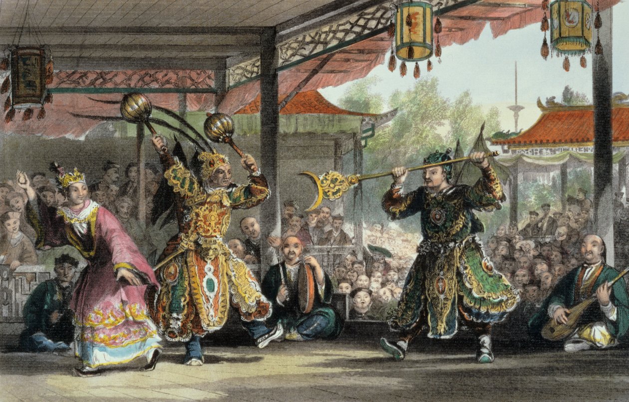 Kohtaus auringon ja kuun näytelmästä, George Newenham Wrightin (n.1790-1877) teoksesta "China in a Series of Views" 1843. tekijältä Thomas Allom