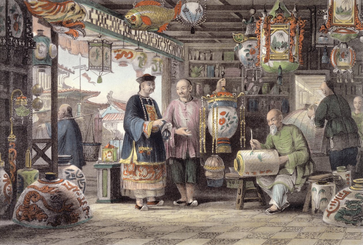 Lyhtykauppiaan näyttelytila Pekingissä, George Newenham Wrightin (n. 1790-1877) "China in a Series of Views" -sarjasta 1843 tekijältä Thomas Allom