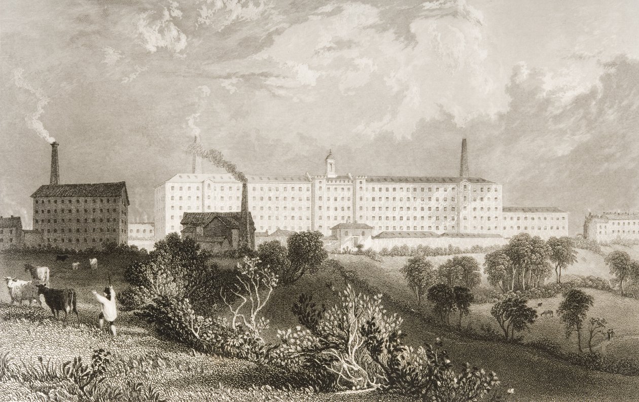 Swainson Birley und Co.:n tehdas lähellä Prestonia, Lancashire, kaiverrus James Tingle (fl.1830-60) n.1833 tekijältä Thomas Allom