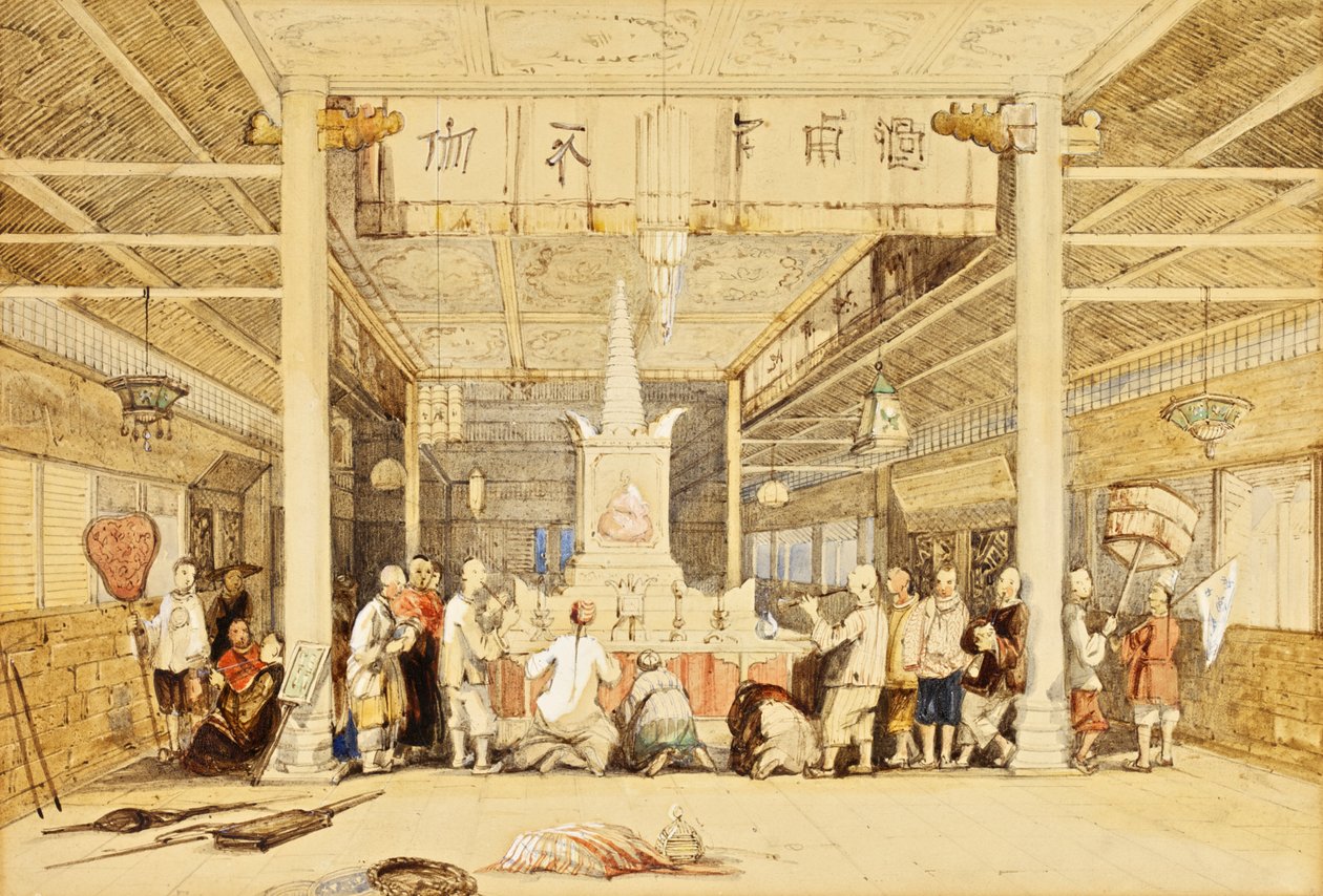 Buddhan temppeli, Kanton, n. 1850 (kynä ja muste, lyijykynä, pesuaine, korotettu valkoisella paperilla) tekijältä Thomas Allom