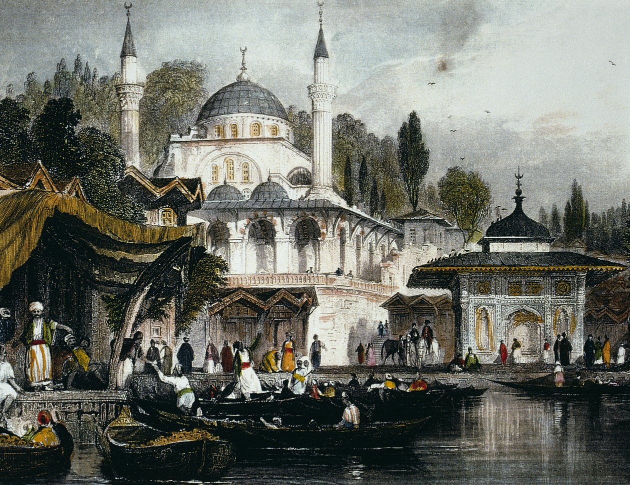 Mihrimah Sultan -moskeija Uskudarissa, Bosporinsalmen Anatolian rannalla, Istanbulia päin, 1839 (värikaiverrus) tekijältä Thomas Allom
