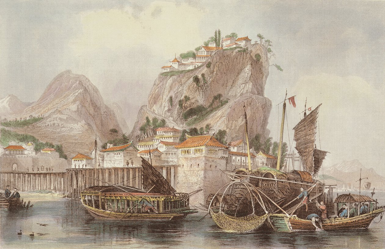 Chin-Keang-joen suu, George Newenham Wrightin (n. 1790-1877) teoksesta "China in a Series of Views" 1843 tekijältä Thomas Allom
