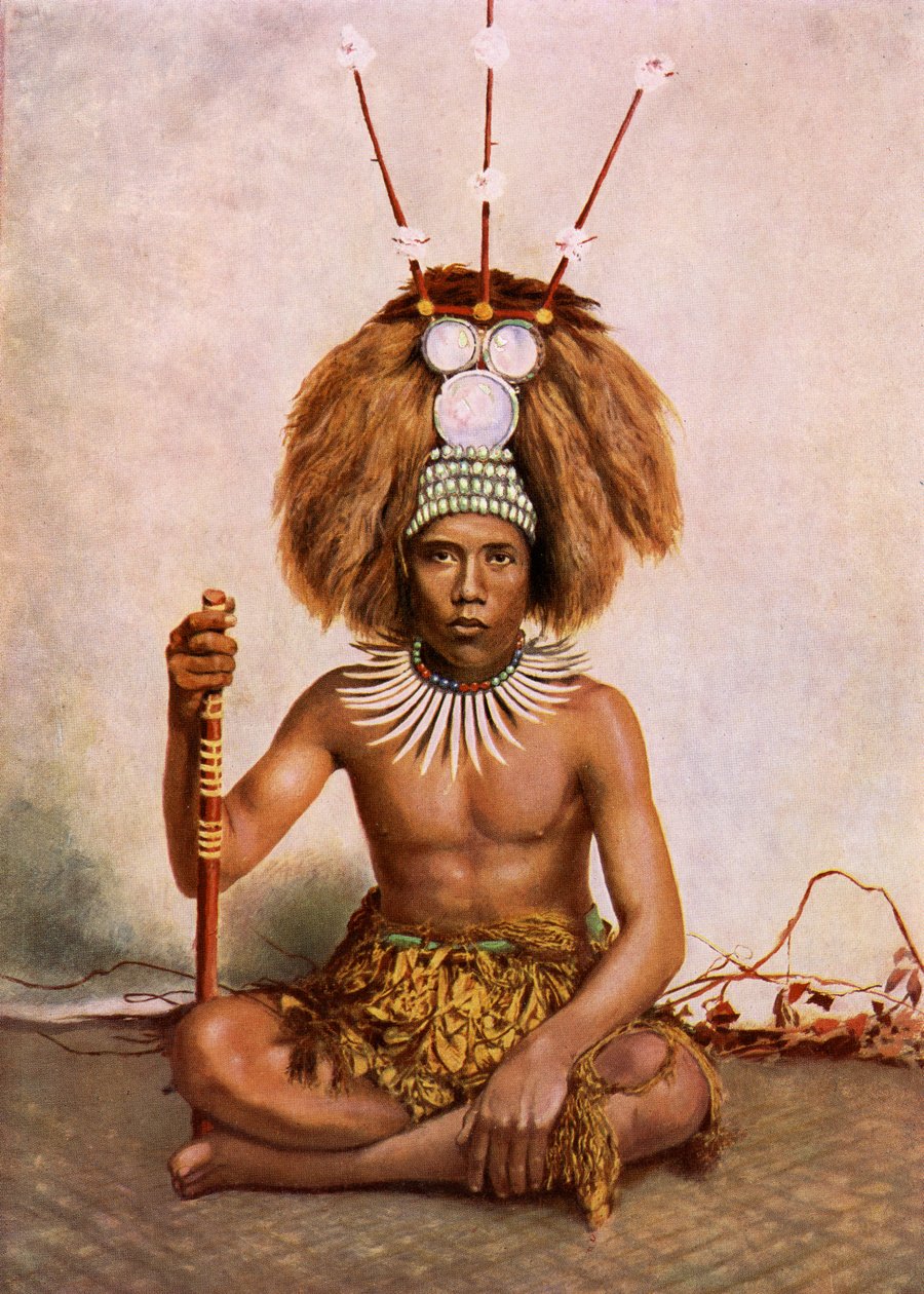 Manaia, samoalaisen päällikön (Matai) poika tuiga-päämekossa, 1890-1910 tekijältä Thomas Andrew