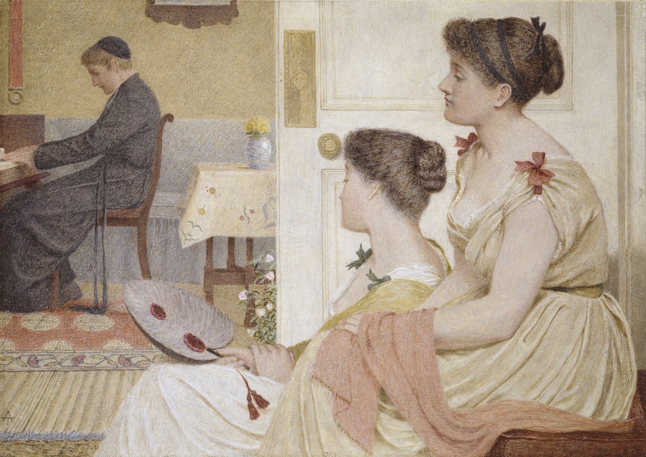 Piirustussalikohtaus, jossa nuori pappi pianon ääressä (pastelli ja öljy) tekijältä Thomas Armstrong
