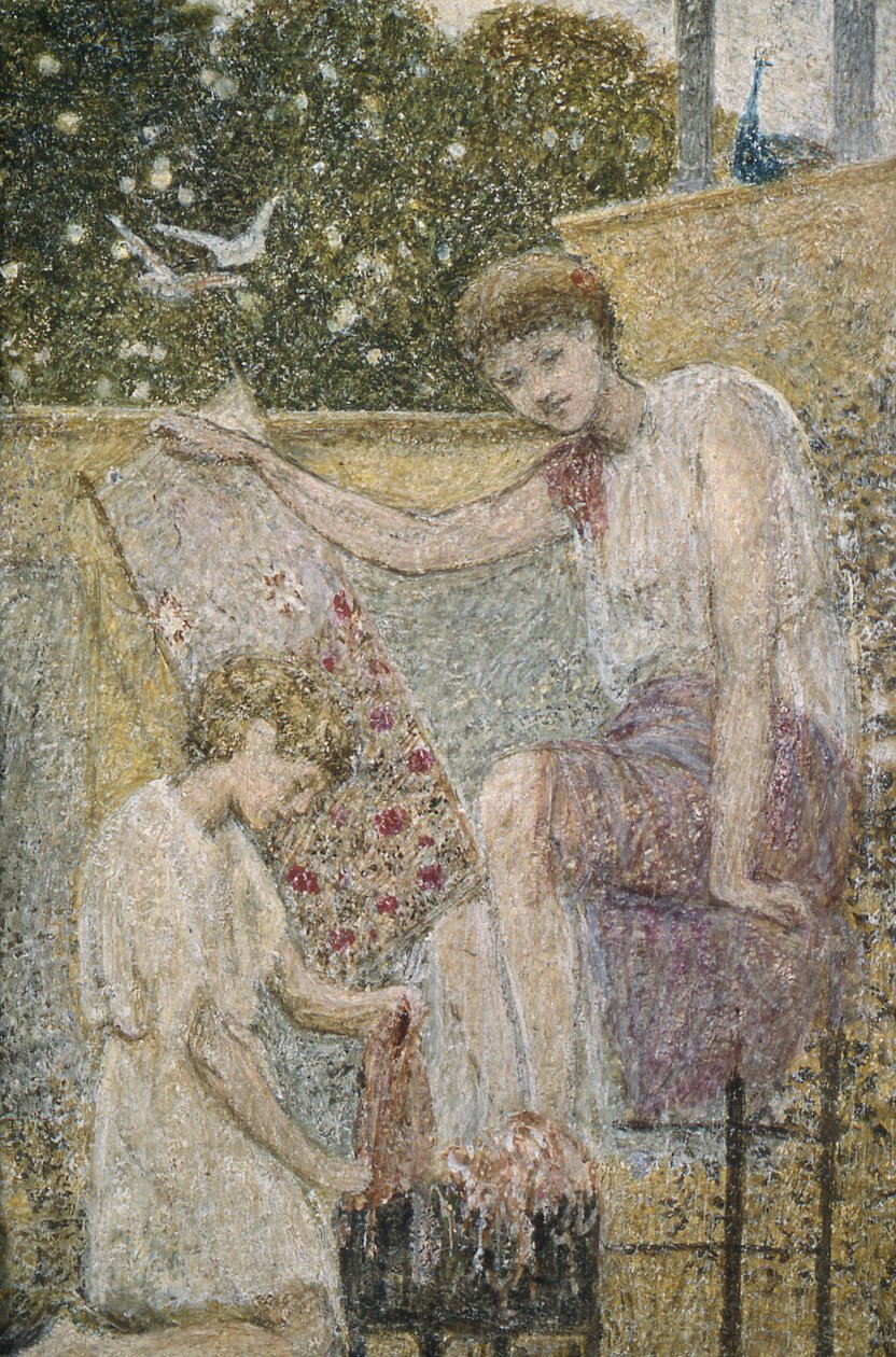 Tyttö, jolla on kirjonta. Yksi kolmesta luonnoksesta Bank Hallin koristeluun lähellä Chapel-en-le-Frithiä, Derbyshire. tekijältä Thomas Armstrong