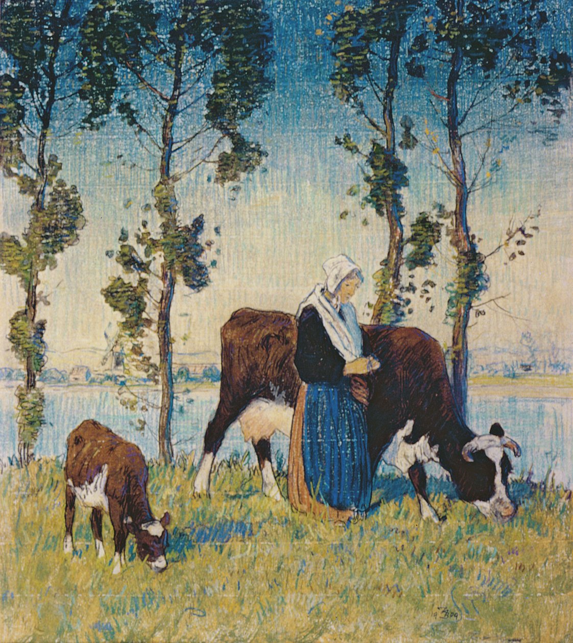 Nainen lehmän ja vasikan kanssa (pastelli) tekijältä Thomas Austen Brown