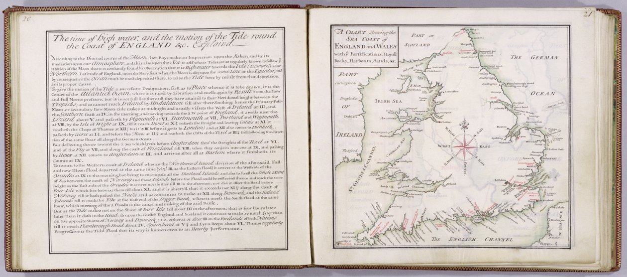 Kartta, joka esittää Englannin ja Walesin meren rannikkoa, levy "A Complete Set of England and Wales in General...", 1724 (kynä, muste ja wc paperilla) tekijältä Thomas Badeslade