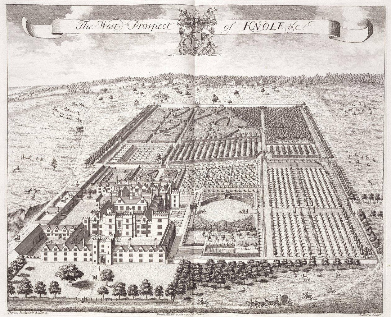 The West Prospect of Knole, teoksesta "Kolmekymmentäkuusi erilaista näkemystä aatelisten ja herrasmiesten istuimista, Kentin kreivikunnassa", kaiverrus I. Kip, n. 1750 tekijältä Thomas Badeslade