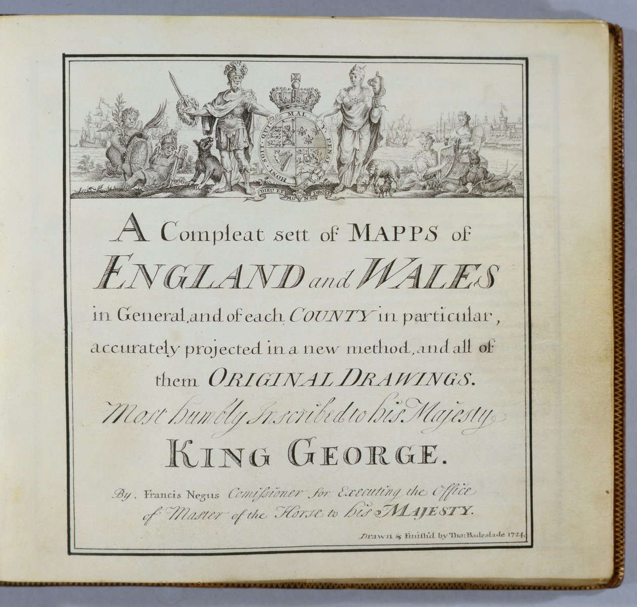 Nimisivu Englannin ja Walesin karttojen täydellisestä sarjasta..., 1724 (kynä & muste ja wc paperilla) tekijältä Thomas Badeslade