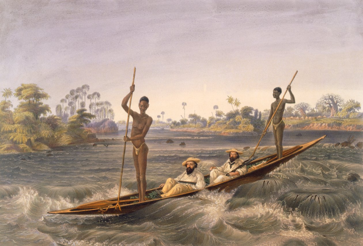Zanjueelah, kosken venemies, "Victoria Falls, Zambesi River" -pubista. 1865 tekijältä Thomas Baines