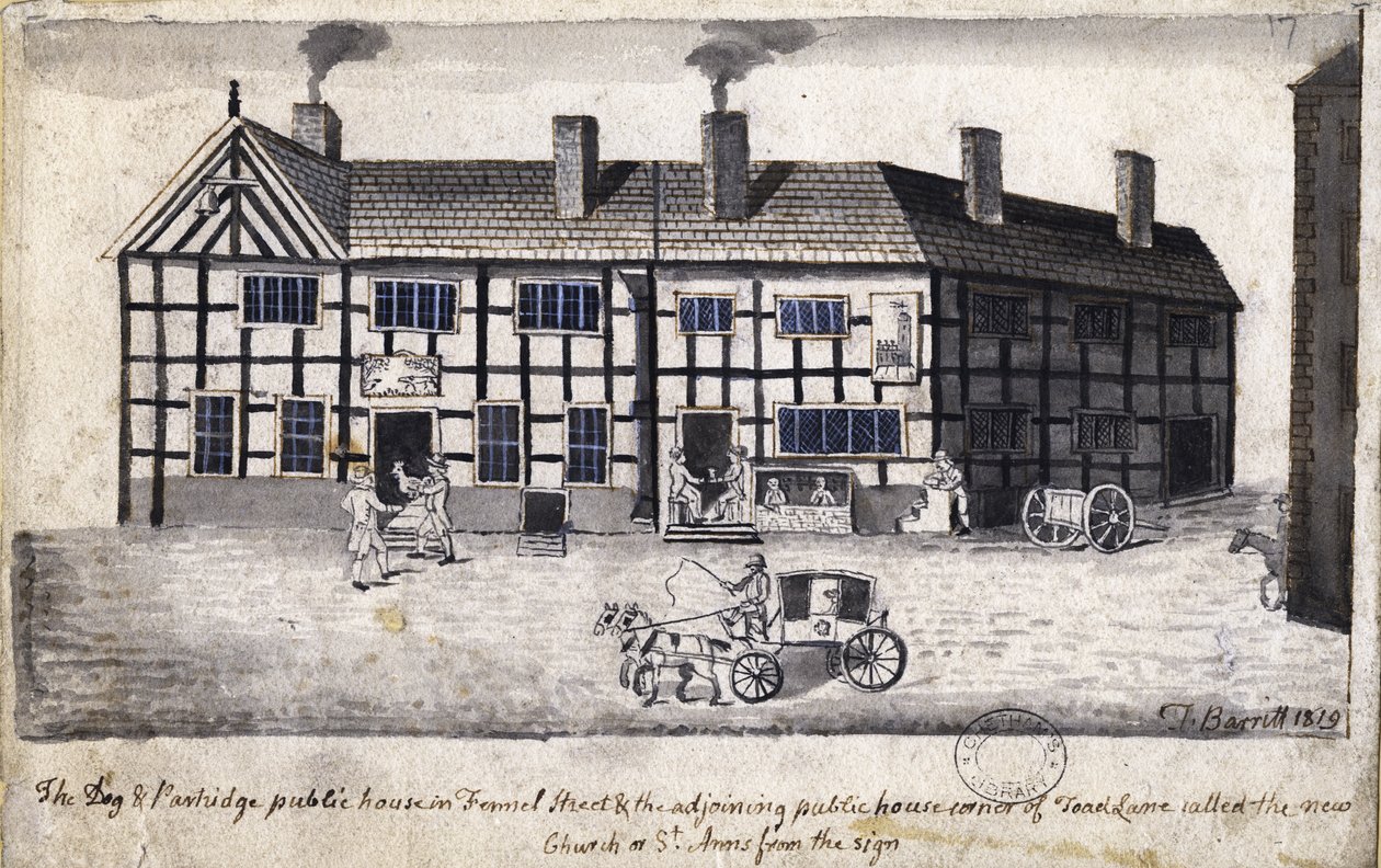 Koira ja Partridge, Manchester, 1819 (kynä ja muste ja pesu paperille) tekijältä Thomas Barritt