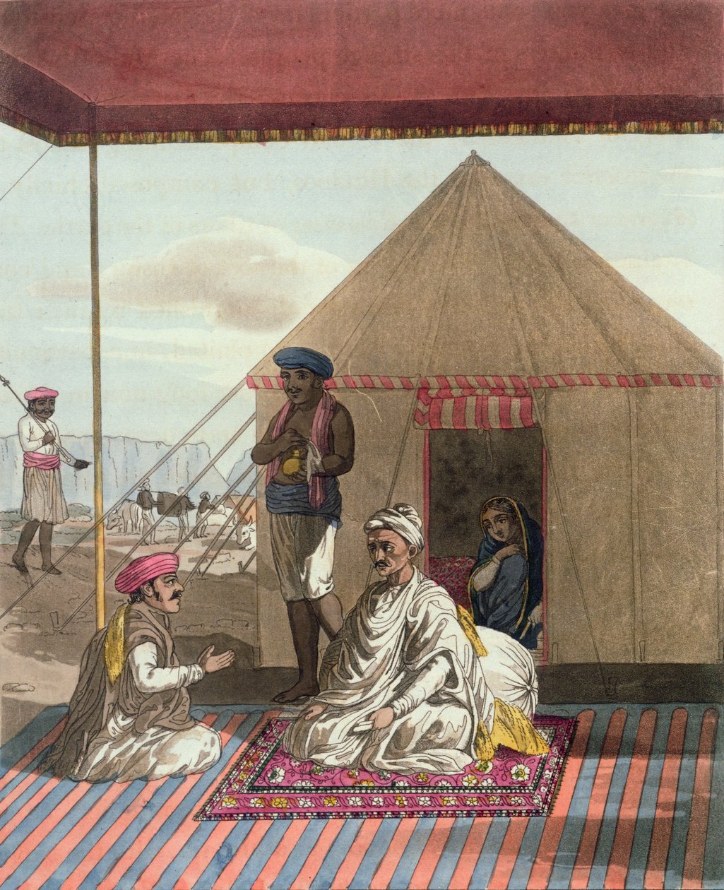 Mahratta Pandit ja hänen perheensä, "A Mahratta Camp", 5. huhtikuuta 1813 (värikaiverrus) tekijältä Thomas Baxter