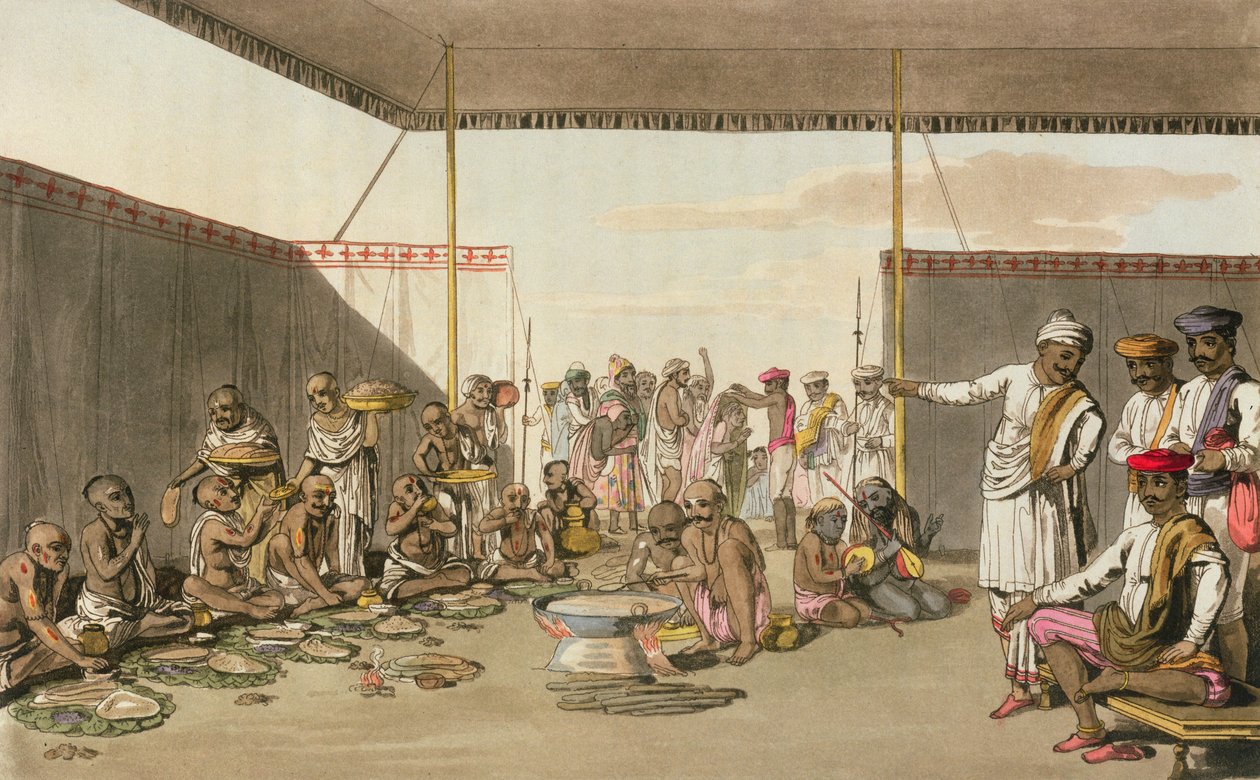 Marratta Surdar viihdyttämässä brahmuneja, "A Mahratta Camp" -leiristä, 5. huhtikuuta 1813 (värikaiverrus) tekijältä Thomas Baxter