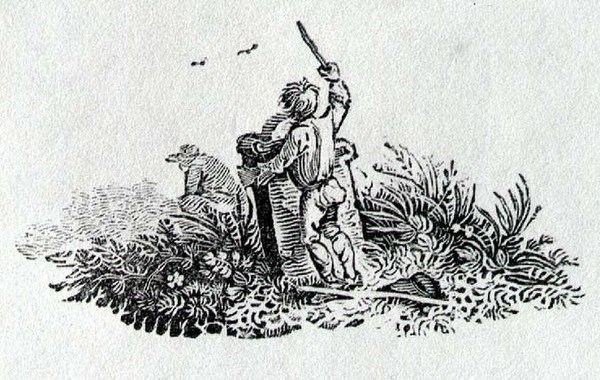 Poika hautakiven luona from History of British Birds and Quadrupeds (Brittiläisten lintujen ja nelivarvaseläinten historia) tekijältä Thomas Bewick